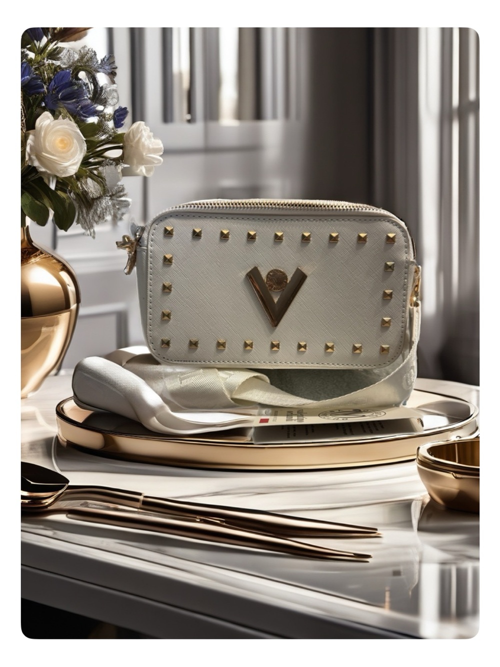 Valentino Orlandi White Crossbody with Gold V Emblem